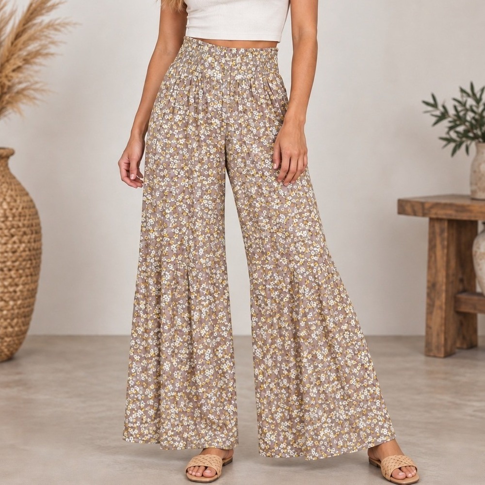 Womens Smocked High Waist Floral Wide Leg Palazzo Pants Small Fairy Cottage